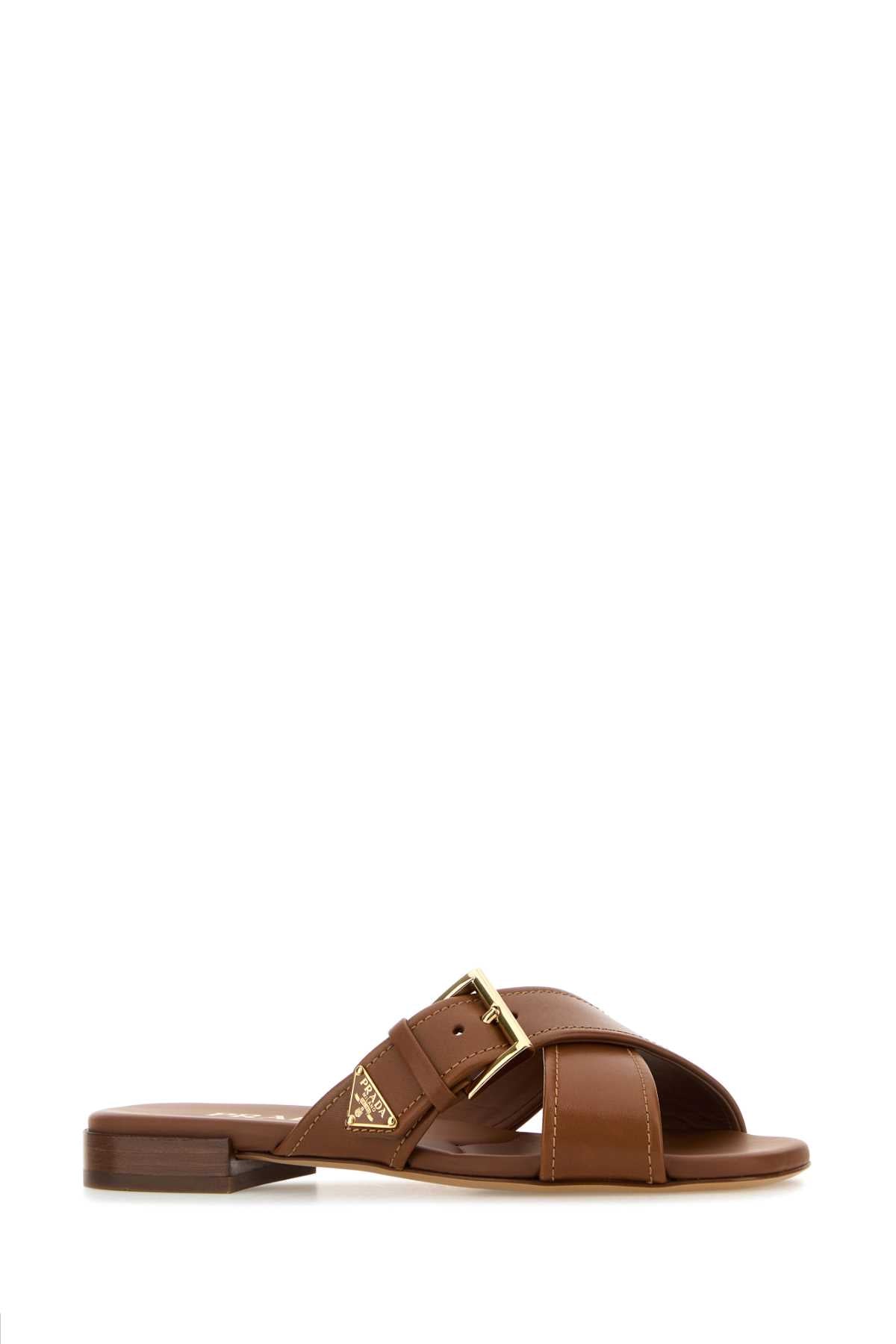 Prada Women Caramel Leather Slippers