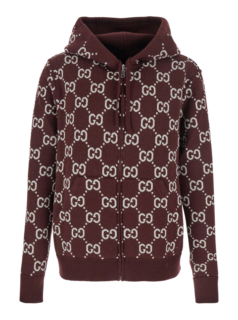 Gucci Men Bordeaux Reversible Cardigan With Drawstring Hood In Wool Man
