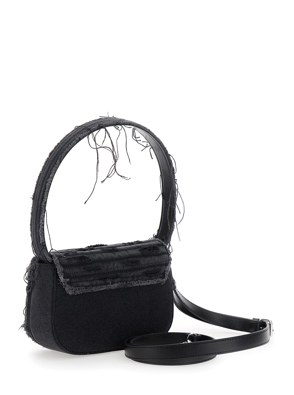 Diesel Women '1Dr' Black Shoulder Bag With Oval D Plaque With Rhinestones And Fringed Edges In Cotton And Leather Blend Woman
