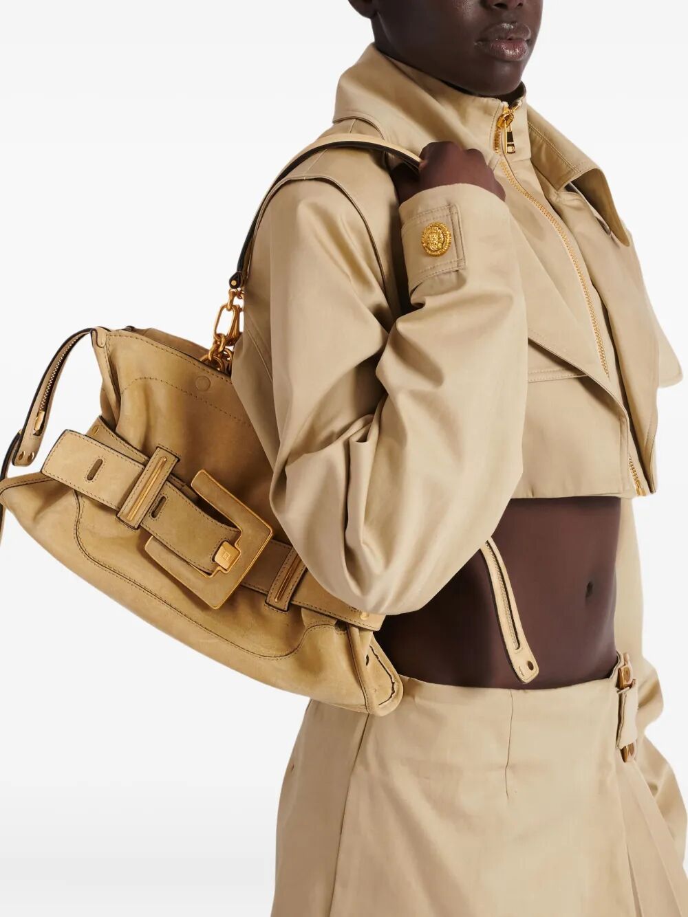 Balmain Women "Anthem" Suede Leather Shoulder Bag