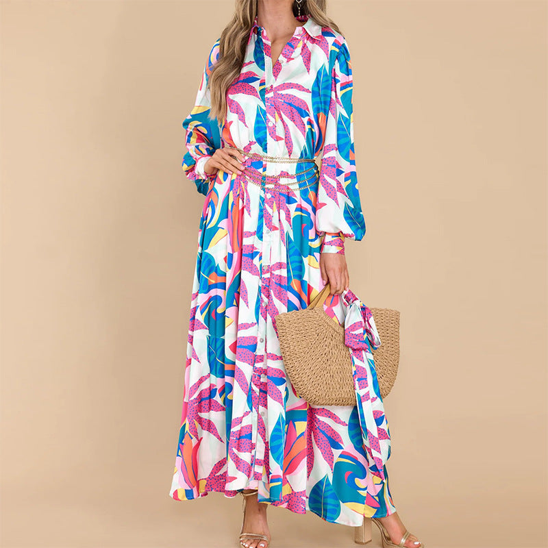 Printed Dresses Long-sleeved Polo Collar Oversized Hem Dresses Women