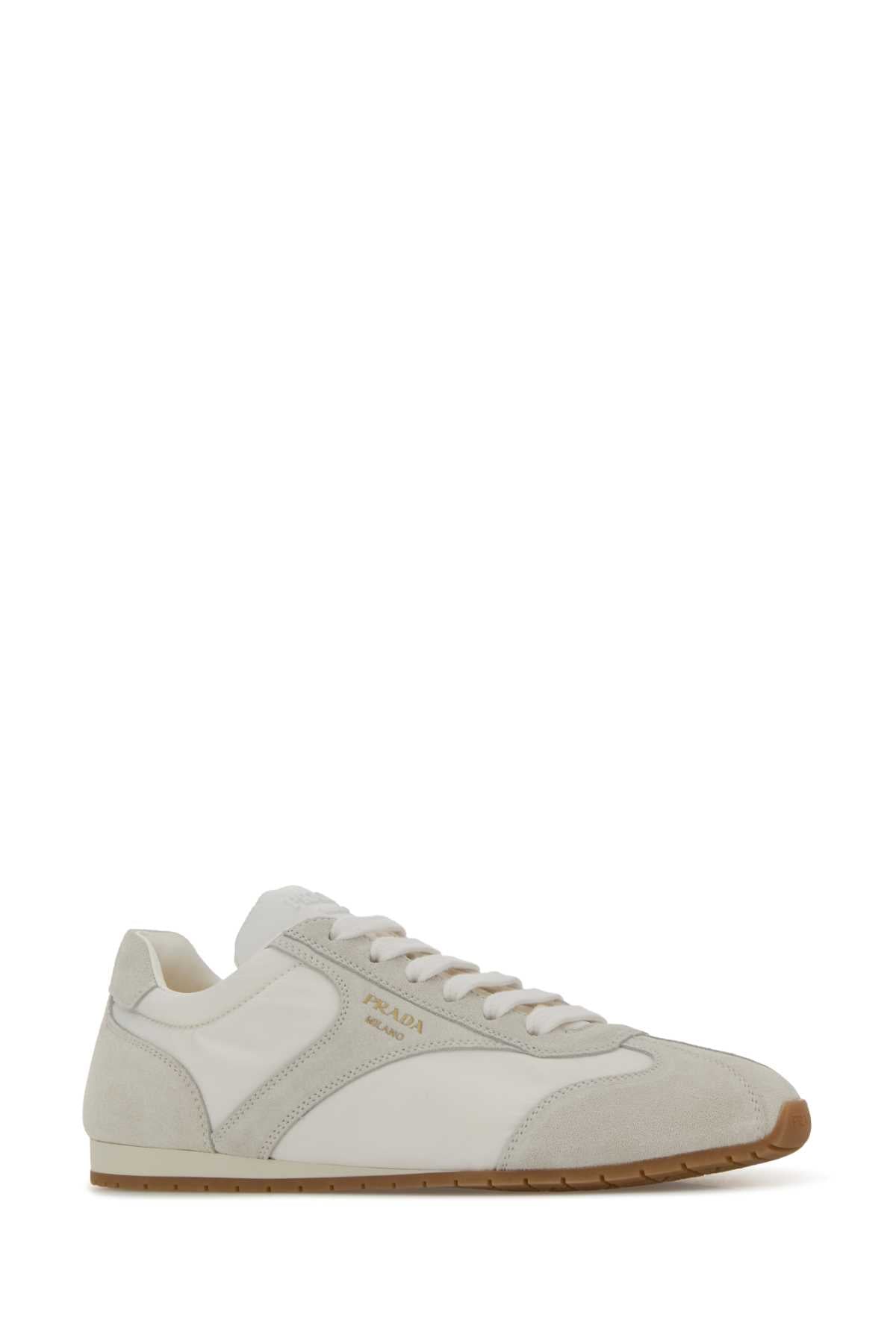 Prada Women White Suede And Re-Nylon Sneakers
