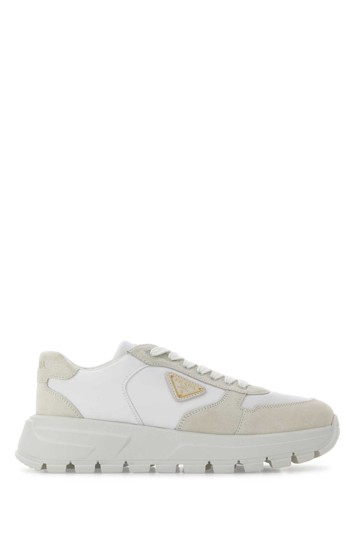 Prada Women White Suede And Re-Nylon Sneakers