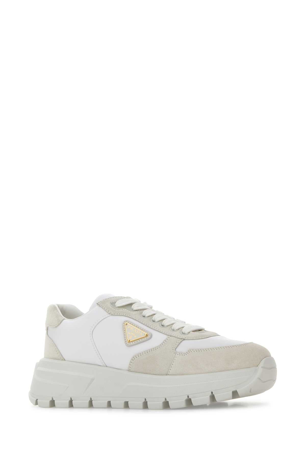 Prada Women White Suede And Re-Nylon Sneakers