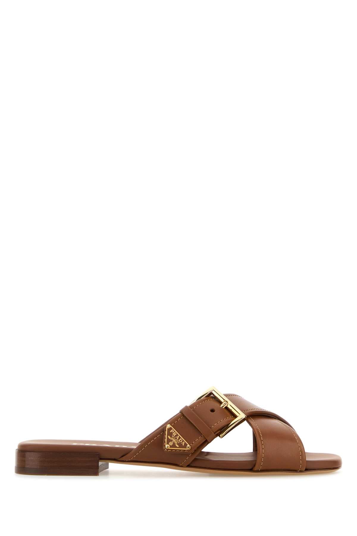 Prada Women Caramel Leather Slippers