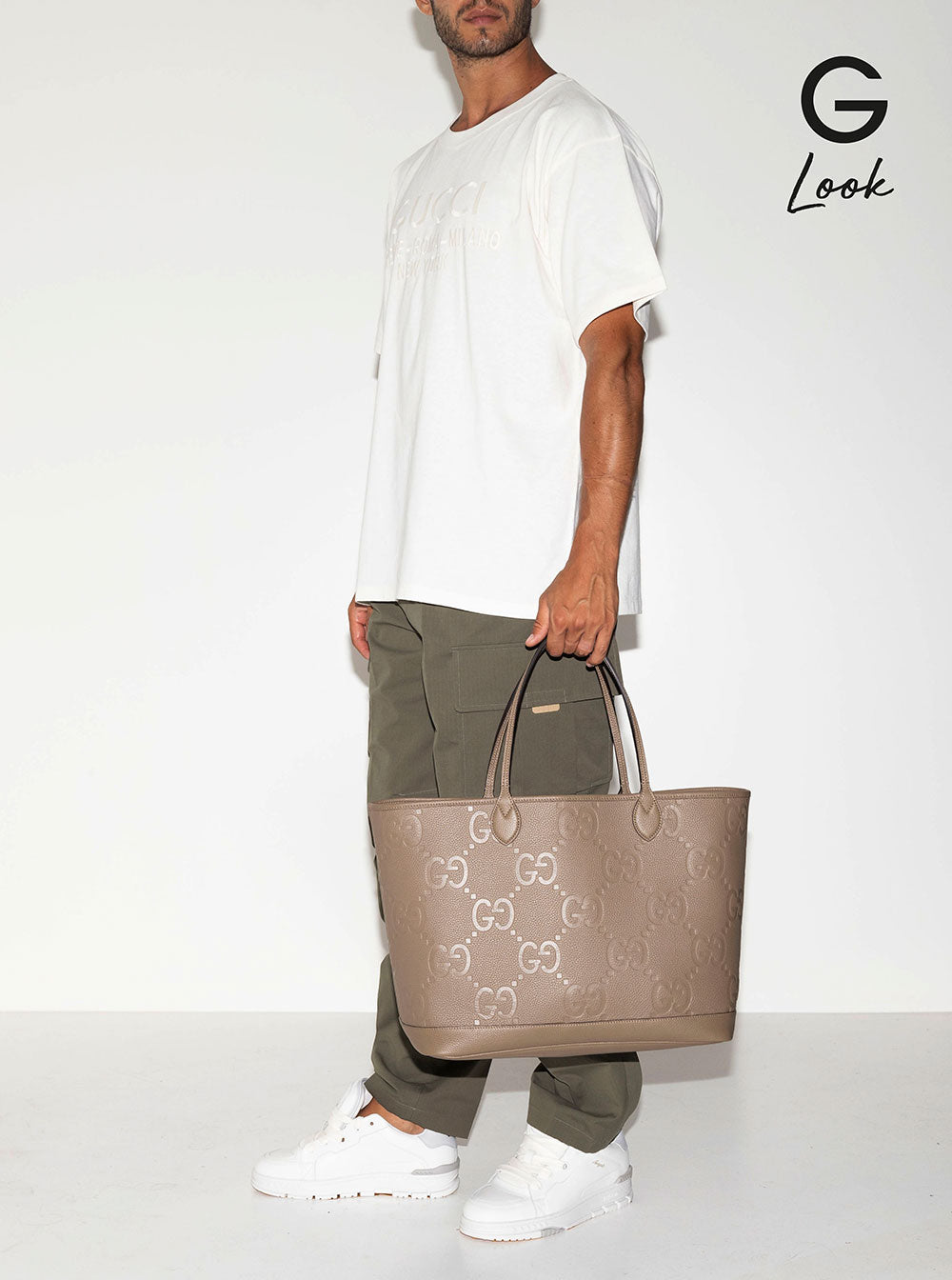 Gucci Men 'Jumbo' Beige Handbag With All-Over Logo In Leather Man