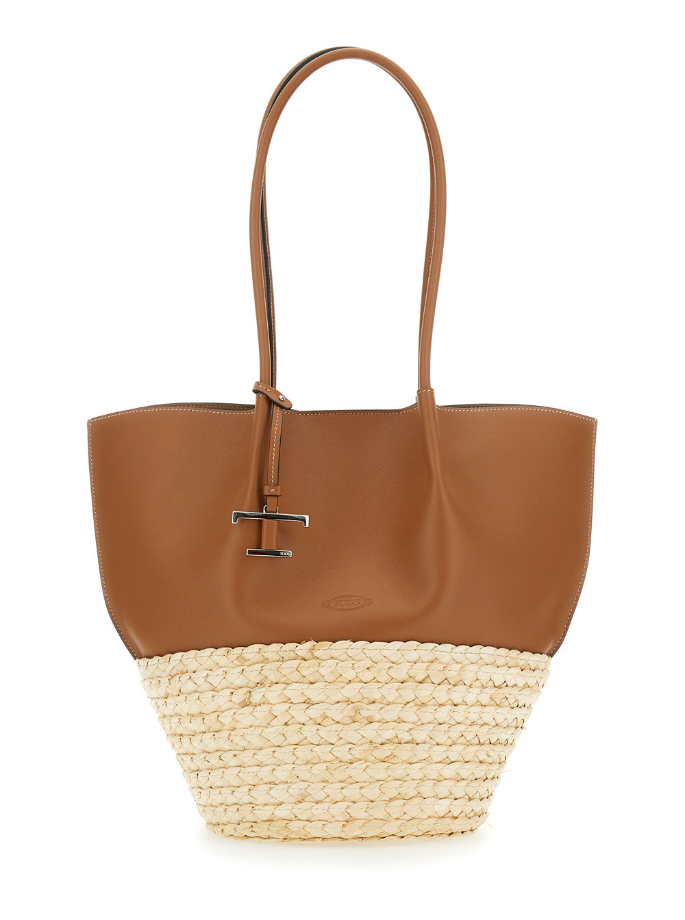 Tod's Women 'Bux' Brown Shopper With Logo Imprinted On The Front And Metal Logo Charm In Leather And Straw Woman
