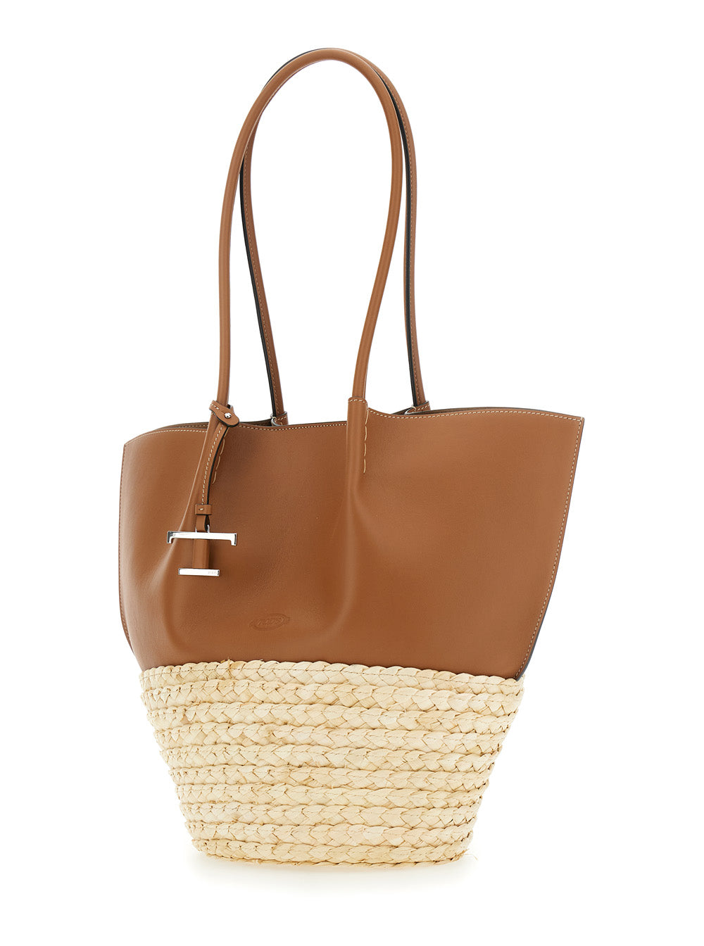 Tod's Women 'Bux' Brown Shopper With Logo Imprinted On The Front And Metal Logo Charm In Leather And Straw Woman