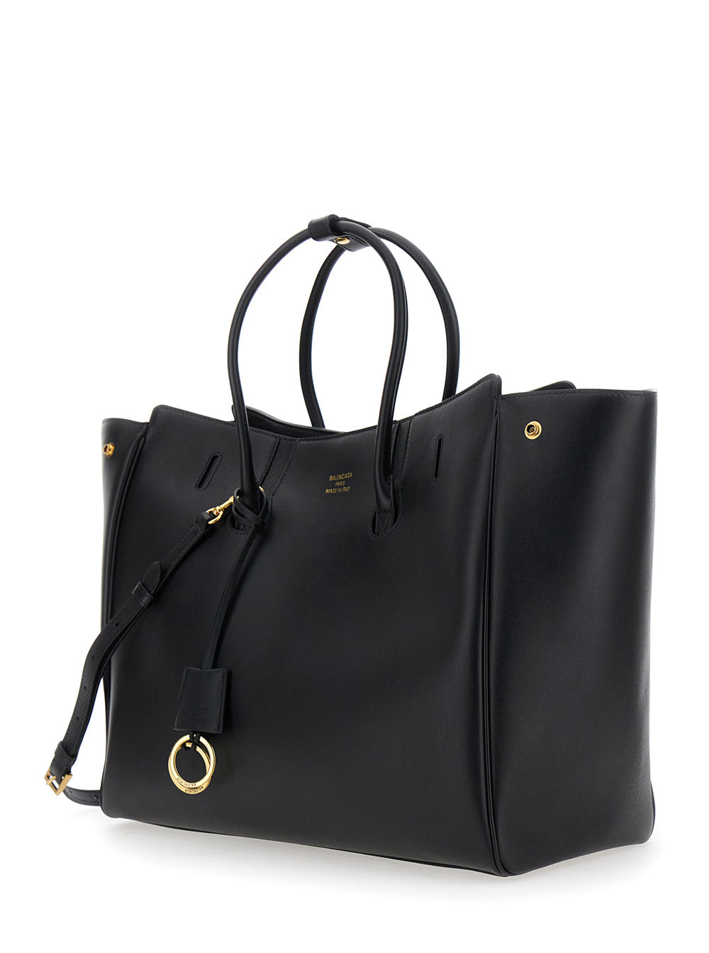 Balenciaga Women 'Hampton Medium' Black Handbag With Embossed Logo On The Front And Removable Key Ring In Leather Woman
