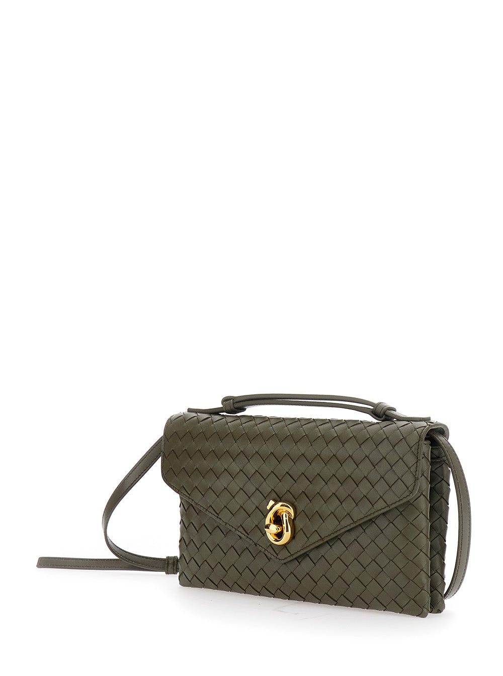 Bottega Veneta Women 'Knot Lock' Green Crossbody Bag With Intreccio Motif And Metal Knot Closure In Leather Woman