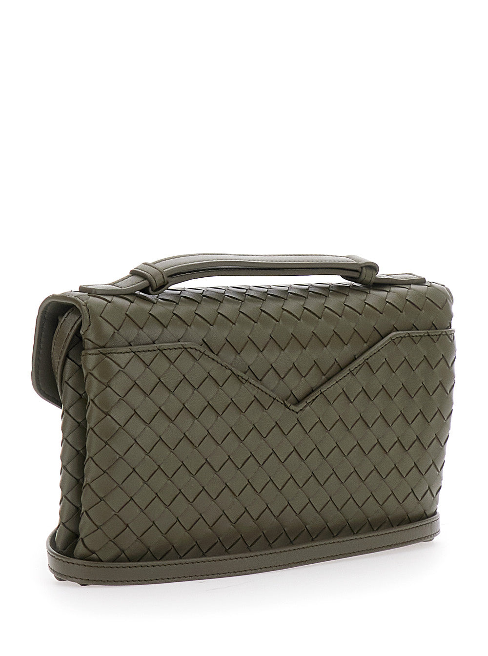 Bottega Veneta Women 'Knot Lock' Green Crossbody Bag With Intreccio Motif And Metal Knot Closure In Leather Woman