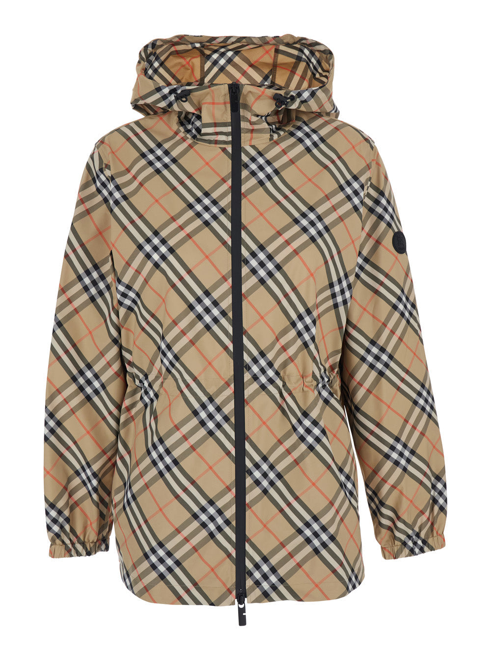 Burberry Women Beige Jacket With Ekd Logo Embroidery On The Sleeve And All-Over Check Motif In Tech Fabric Woman