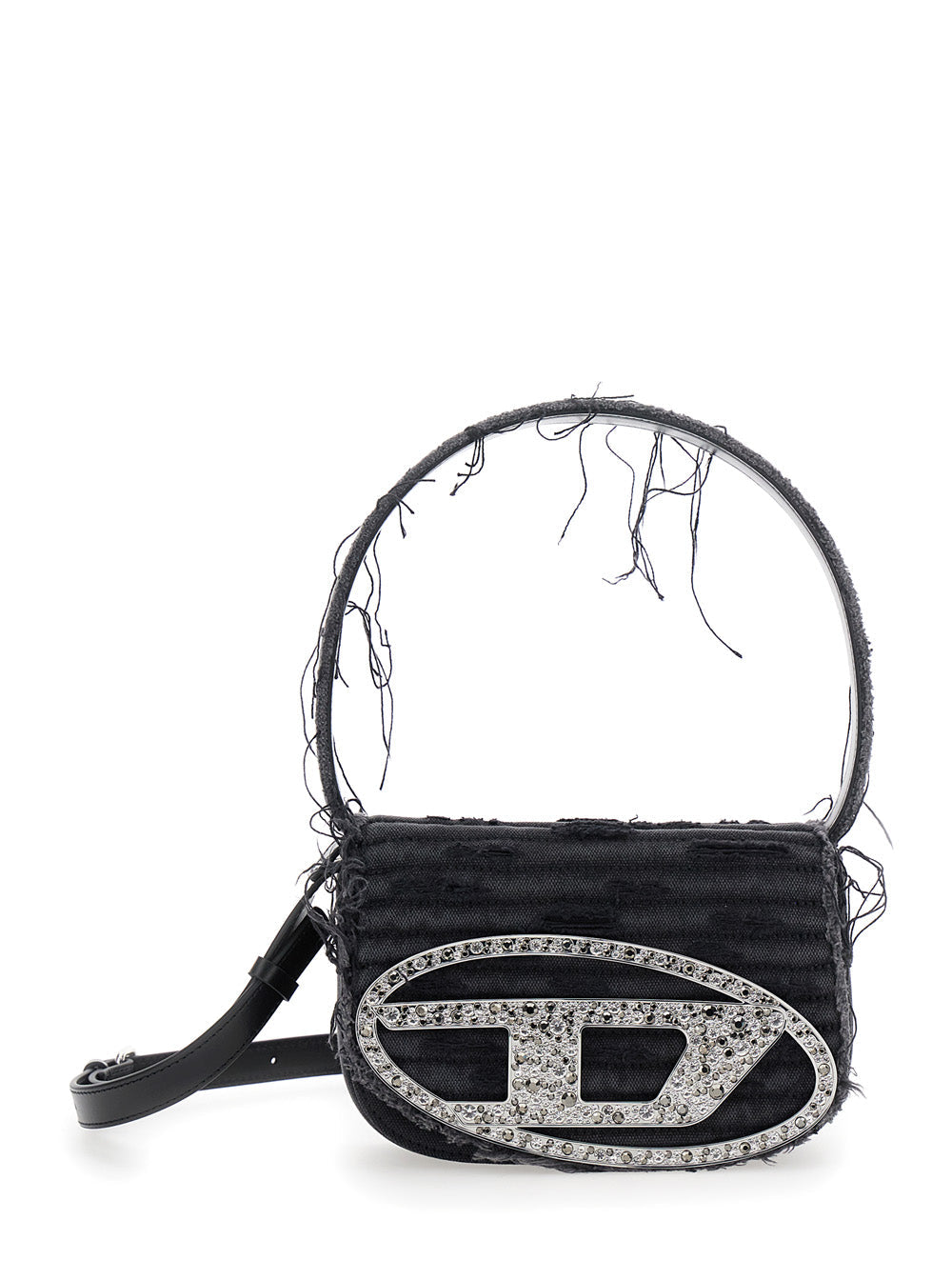 Diesel Women '1Dr' Black Shoulder Bag With Oval D Plaque With Rhinestones And Fringed Edges In Cotton And Leather Blend Woman