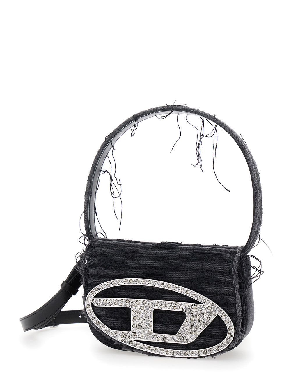 Diesel Women '1Dr' Black Shoulder Bag With Oval D Plaque With Rhinestones And Fringed Edges In Cotton And Leather Blend Woman