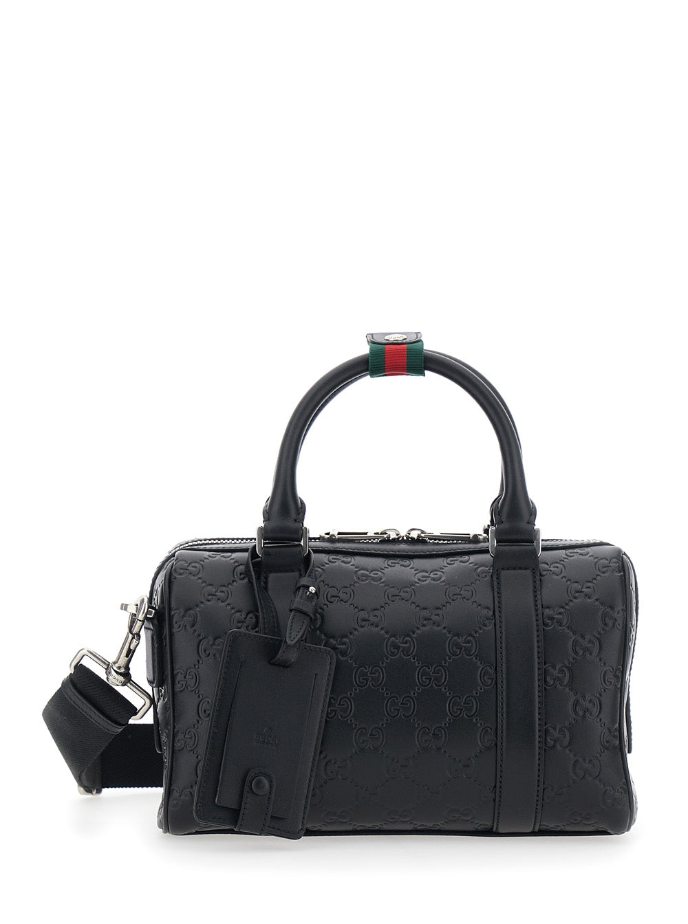 Gucci Men 'Emblem' Black Handbag With All-Over Embossed Gg Motif And Web Detail In Leather Man