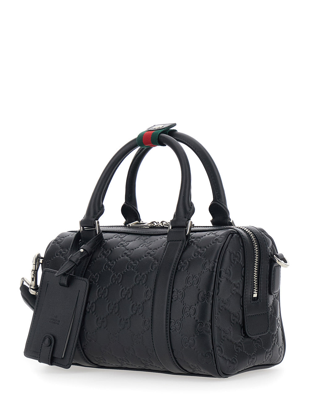 Gucci Men 'Emblem' Black Handbag With All-Over Embossed Gg Motif And Web Detail In Leather Man