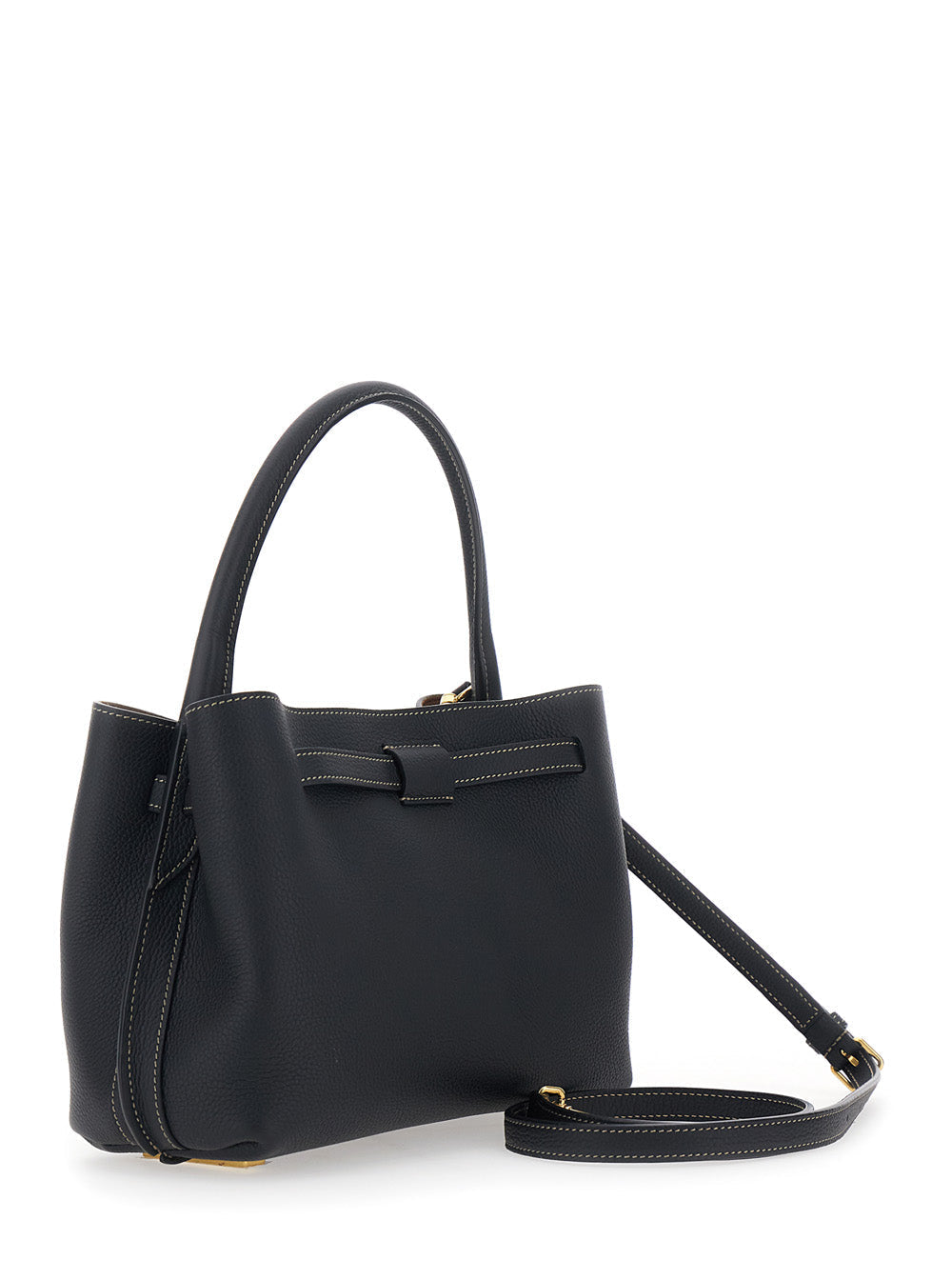 Tod's Women 'T-String' Black Handbag With Adjustable And Removable Shoulder Strap And Buckled Belt Detail On The Front In Grained Leather Woman
