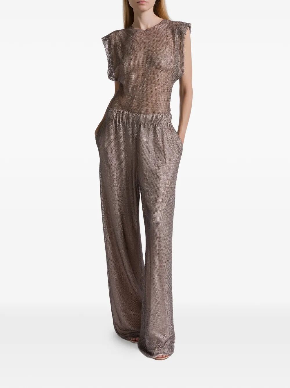 Alberta Ferretti Women Wide Leg Crystals Net Trousers
