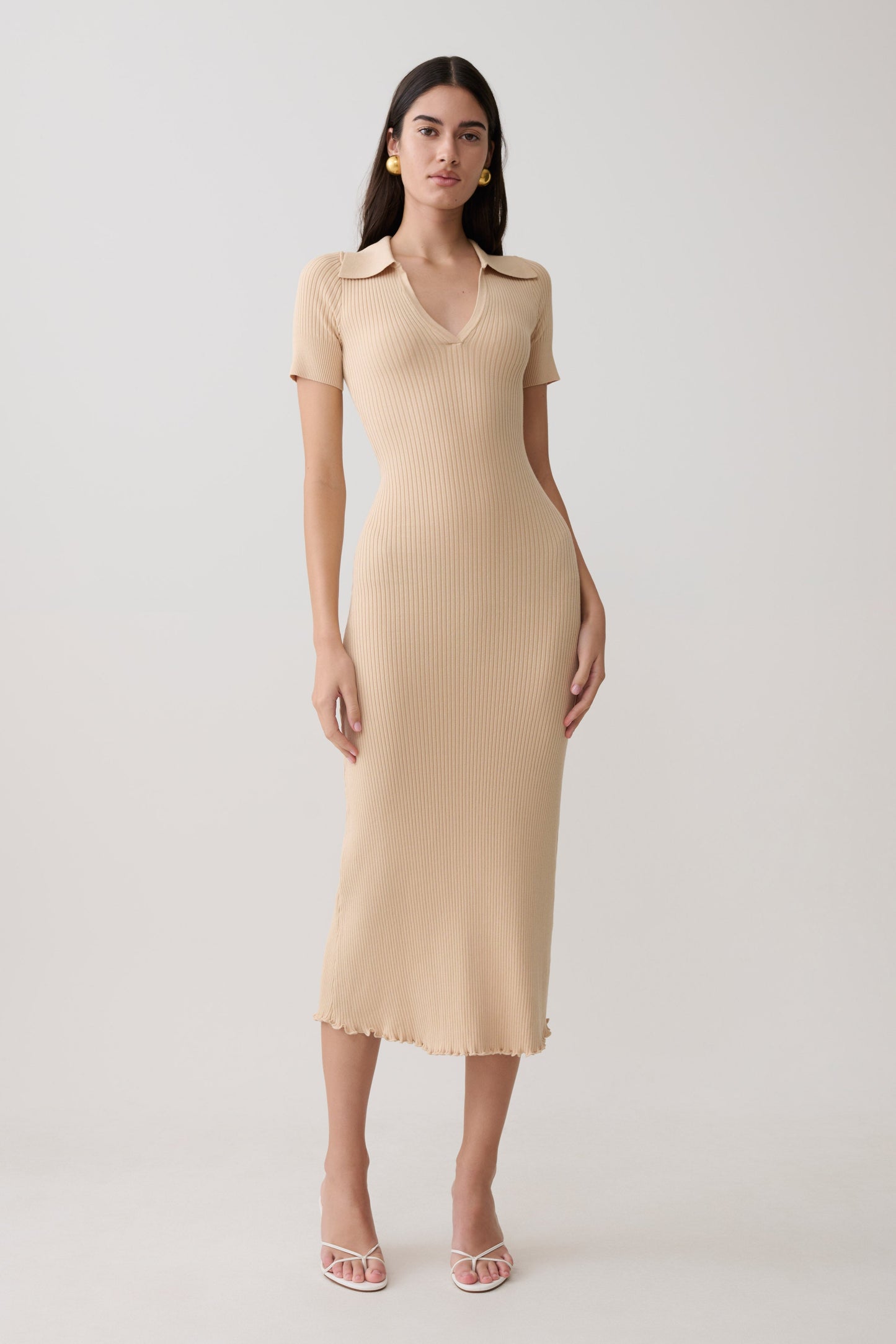 Nichelle Short Sleeve Collared Knit Midi Dress - Natural