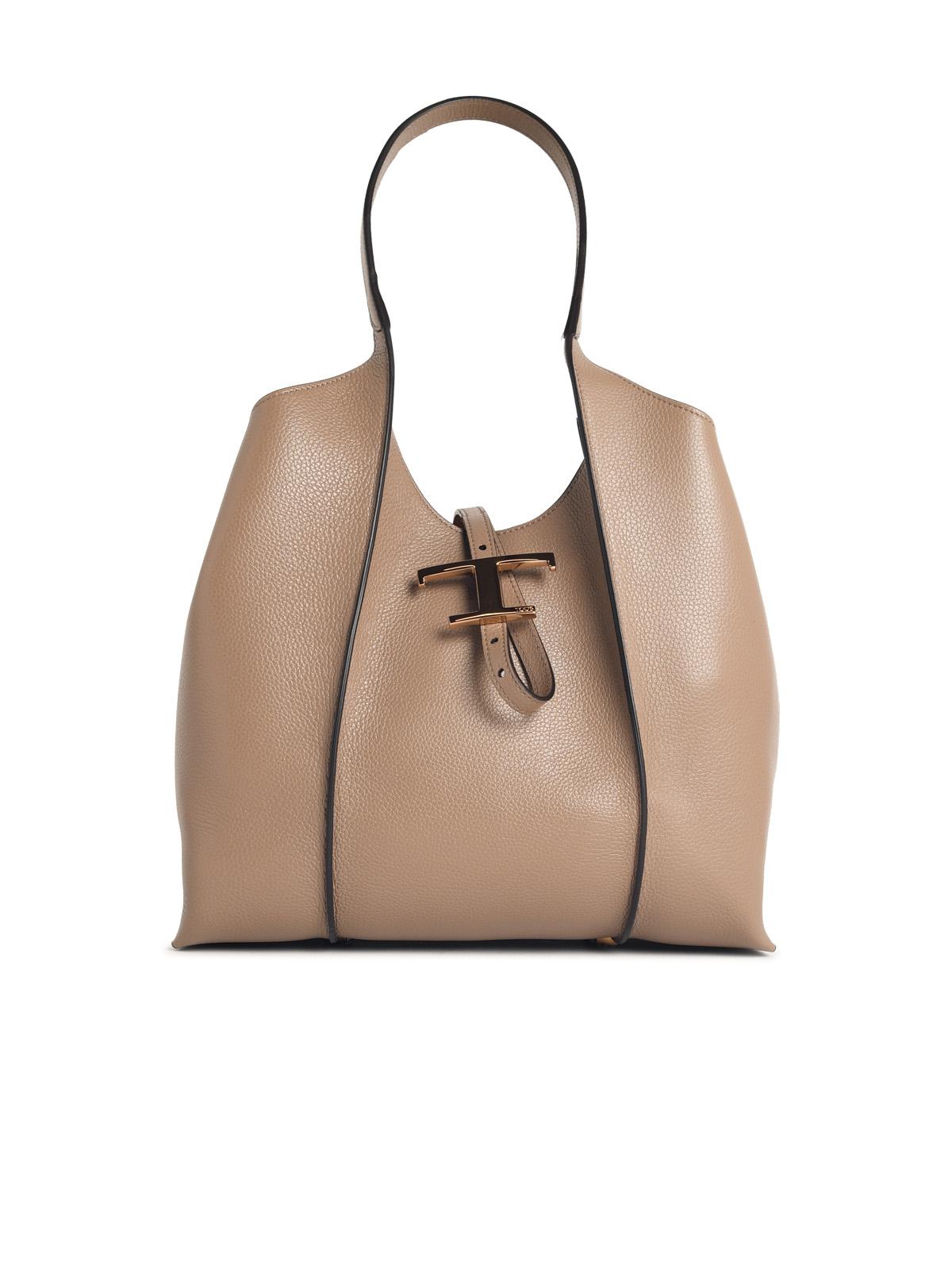 Tod's Small Beige Leather 'T Timeless' Shopping Bag Women
