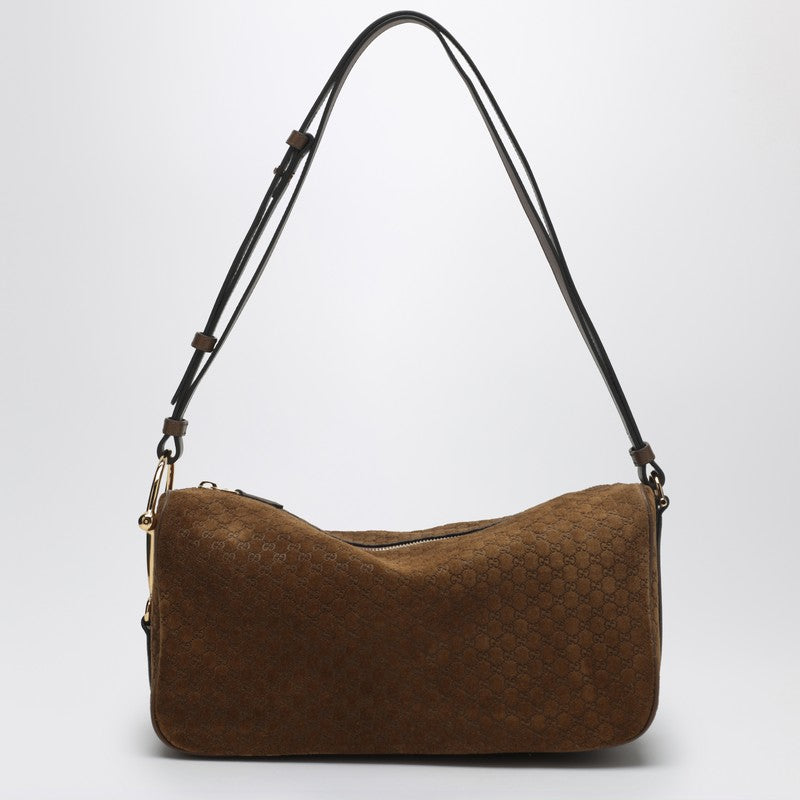 Gucci Medium Half Horsebit Brown Suede Shoulder Bag Women