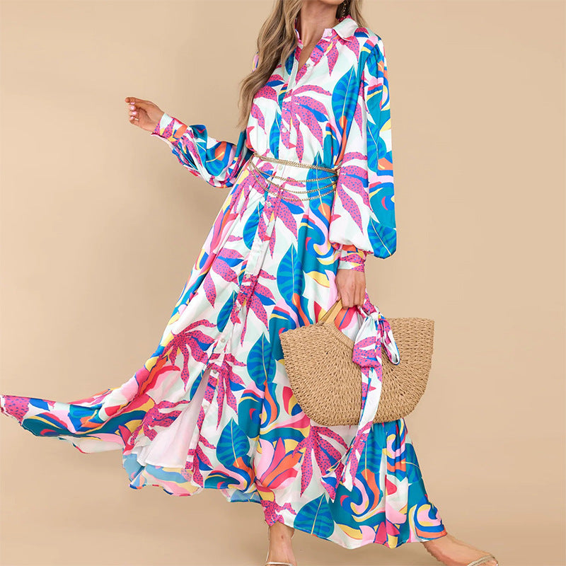 Printed Dresses Long-sleeved Polo Collar Oversized Hem Dresses Women