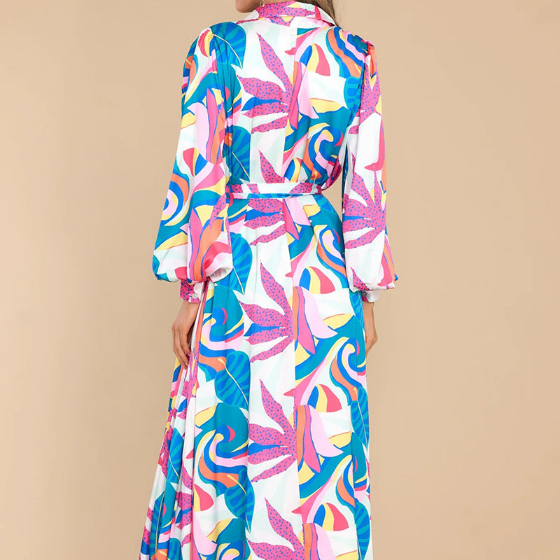 Printed Dresses Long-sleeved Polo Collar Oversized Hem Dresses Women